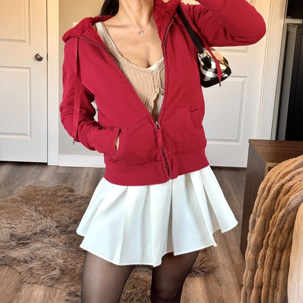 Y2K Sherpa Lined Hoodie Zip Up Jacket Red Vintage 00s Bella Swan Twilight Medium